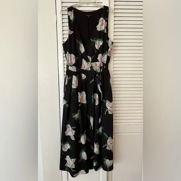 BANANA REPUBLIC Black Floral Midi Dress Spring Formal Dress - Picture 7 of 7